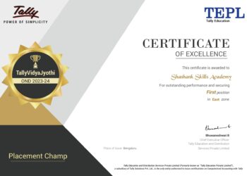 SHASHANK SKILLS ACADEMY HONORED WITH TALLYVIDYAJYOTHI PLACEMENT CHAMP AWARD BY TALLY EDUCATION- BENGALURU