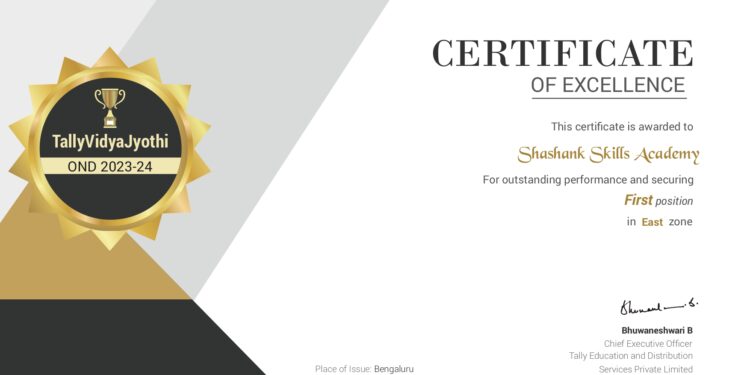 SHASHANK SKILLS ACADEMY HONORED WITH TALLYVIDYAJYOTHI PLACEMENT CHAMP AWARD BY TALLY EDUCATION- BENGALURU